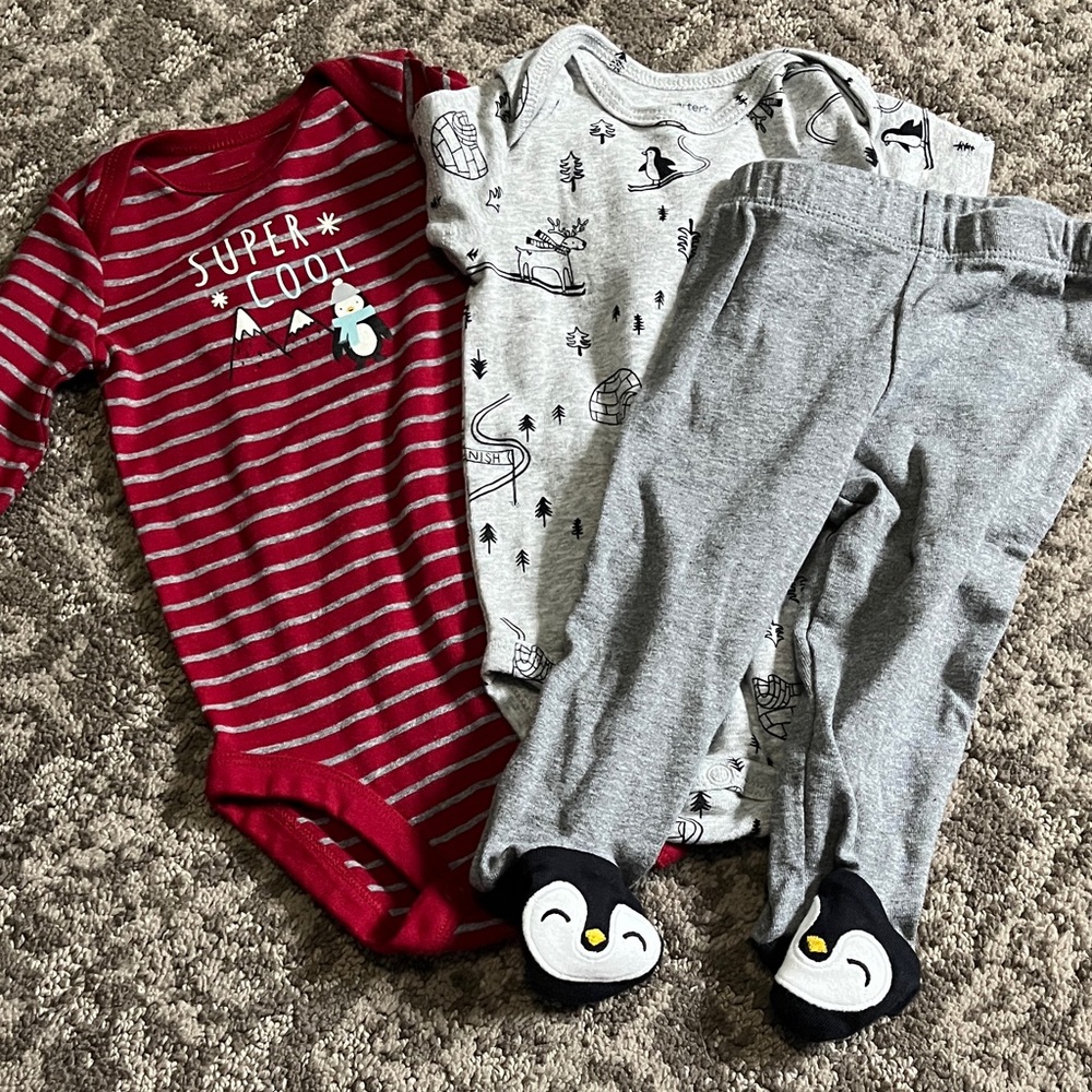 Carter's Red Striped One-Piece Bodysuit with Gray Penguin Print Set